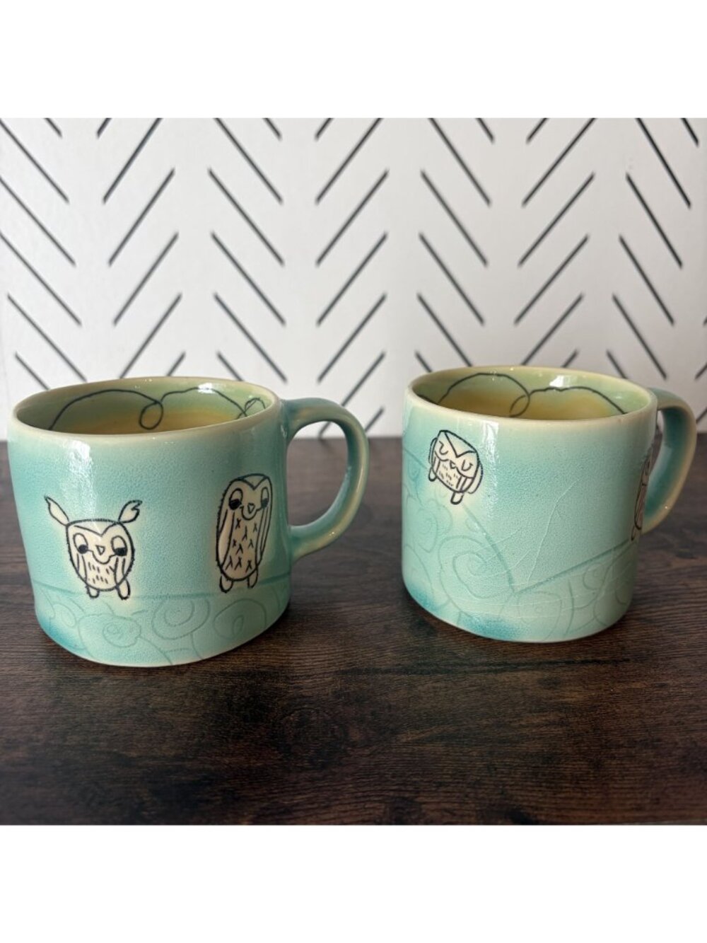 Handmade Ceramic Owl Set Turquoise Yellow Unique Espresso Mugs Kitchsy Signed